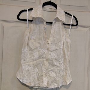 Vintage Bebe Y2K 90s Size S Elegant Cream Sleeveless Collard Halter Style Blouse